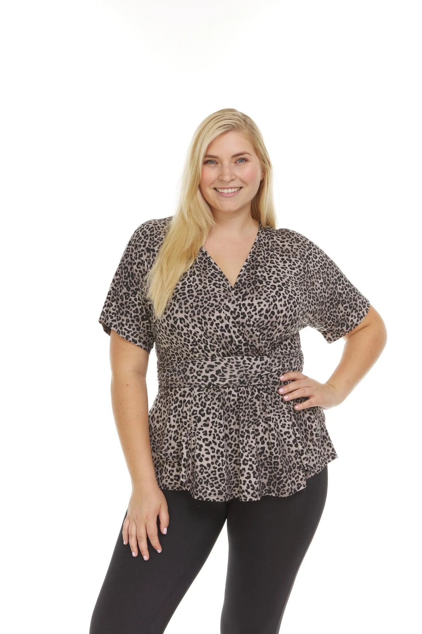 Allover Printed Surplice Front Short Sleeve V-Neck Top - Plus sold by Dress Barn