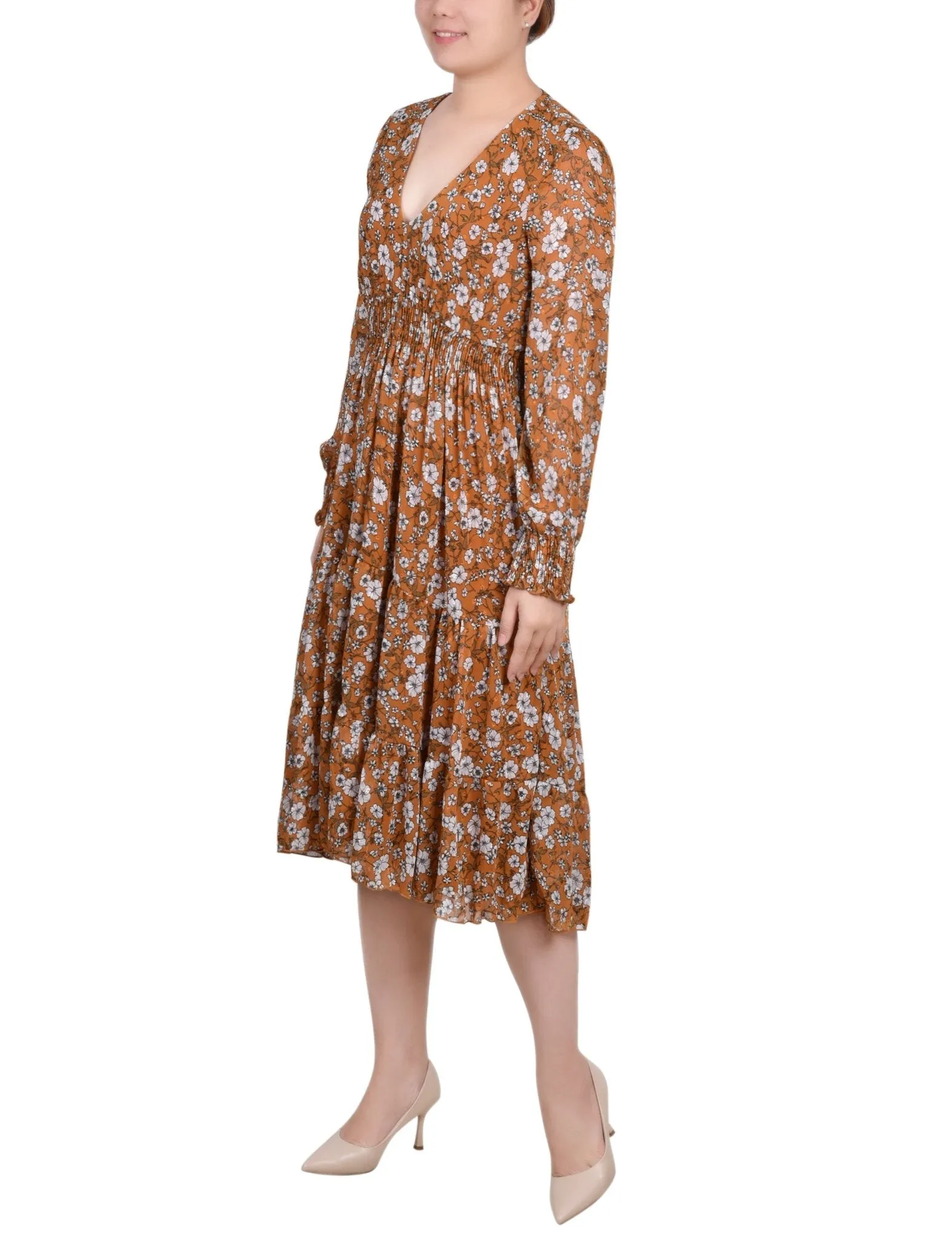 Long Sleeve Clip Dot Chiffon Dress With Smocked Waist and Cuffs - Petite sold by Dress Barn product image thumbnail 2