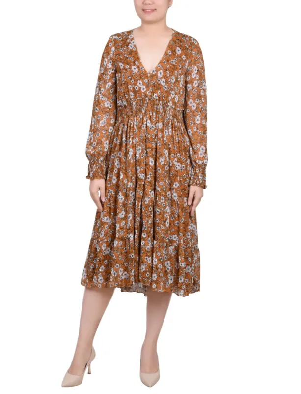 Long Sleeve Clip Dot Chiffon Dress With Smocked Waist and Cuffs - Petite sold by Dress Barn