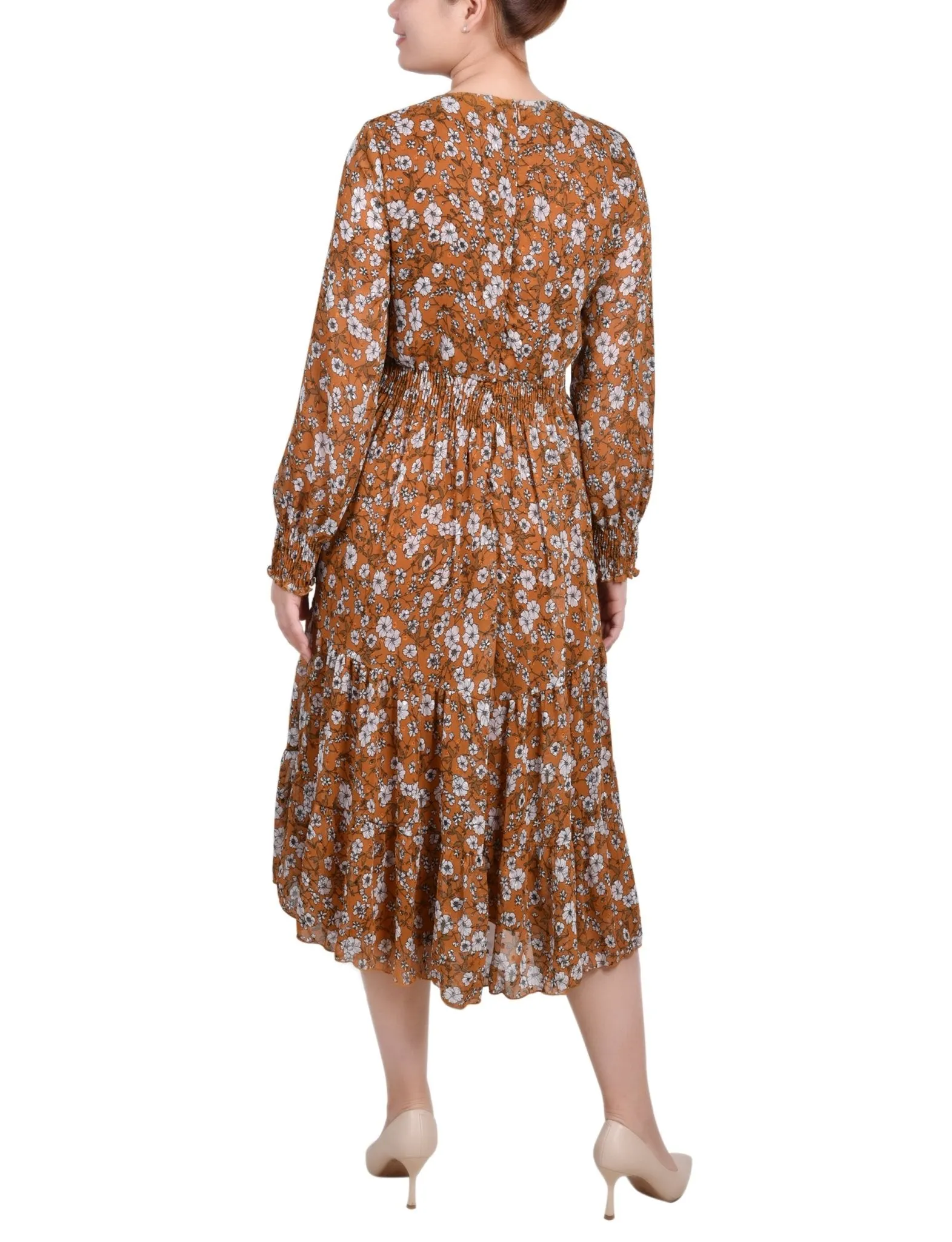 Long Sleeve Clip Dot Chiffon Dress With Smocked Waist and Cuffs - Petite sold by Dress Barn product image thumbnail 3