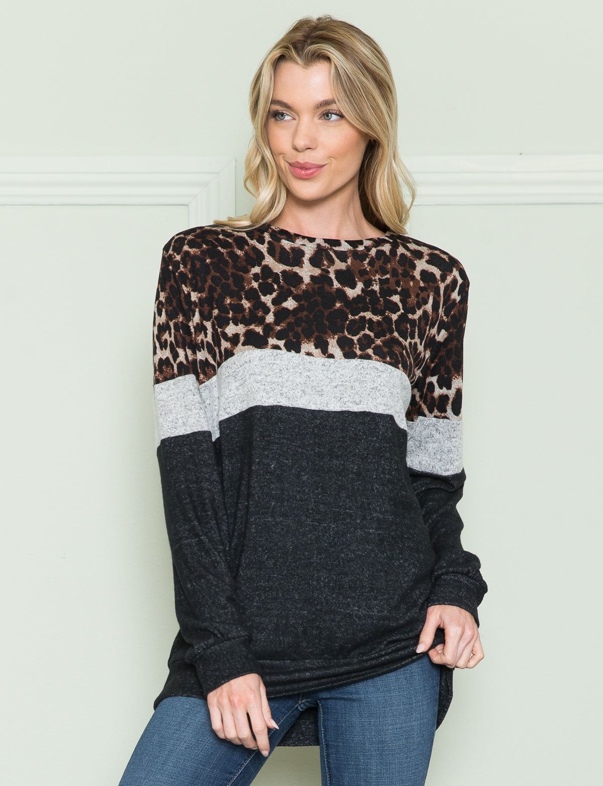 Leopard Color-Blocked Long Sleeve Top - Plus sold by Dress Barn