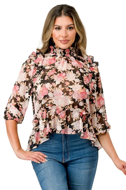 Ruffle detailed hi-low long sleeve blouse top with floral chiffon sold by Dress Barn