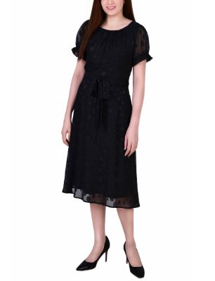 Short Sleeve Belted Swiss Dot Dress - Petite sold by Dress Barn