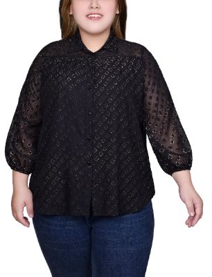 NY Collection 3/4 Sleeve Foiled Jacquard Chiffon Blouse - Plus sold by Dress Barn