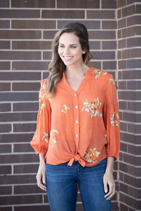 Embroidered "To Tie Or Not To Tie" Button Front Shirt made by Dress Barn