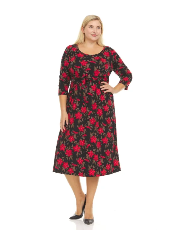3/4 Sleeve Crew Neck All Over Floral Printed A-Line Midi Dress With Self Tie Belt - Plus sold by Dress Barn