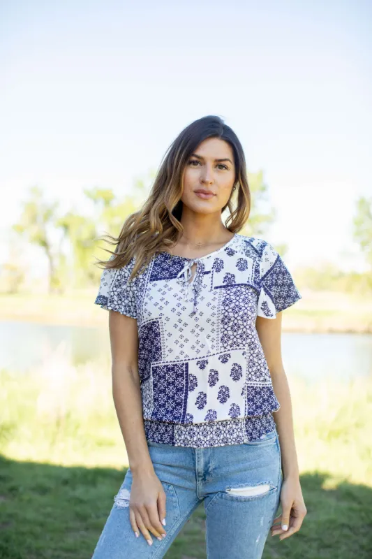 Patchwork Tie Front Peasant Blouse sold by Dress Barn