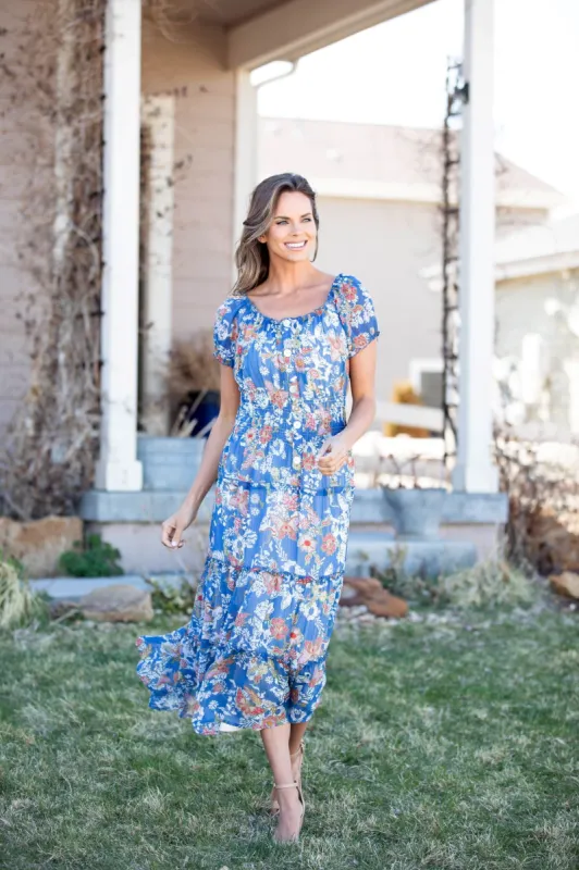 Vienna Blue Floral Maxi Peasant Dress sold by Dress Barn