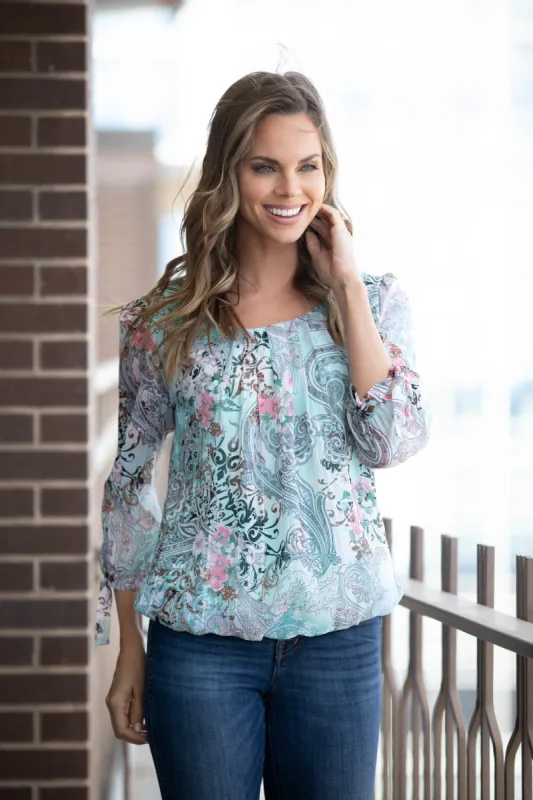 Roz & Ali Paisley Tie Sleeve Bubble Hem Blouse sold by Dress Barn