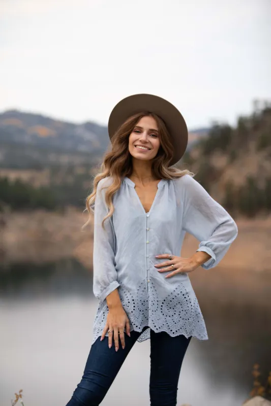 Embroidered Button Front Three Quarter Sleeves Blouse sold by Dress Barn