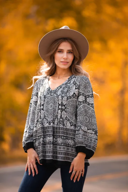 Placement Print V-Neck Popover Blouse made by Dress Barn