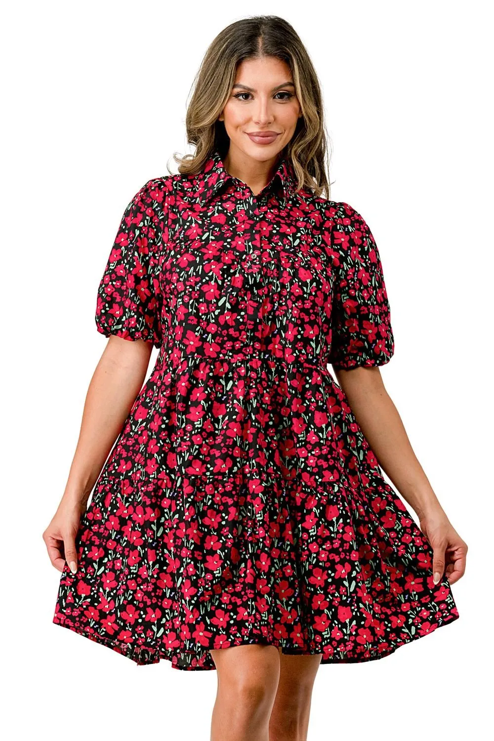 Ballon sleeve collar and button front A-Line midi dress with poplin floral sold by Dress Barn product image thumbnail 2