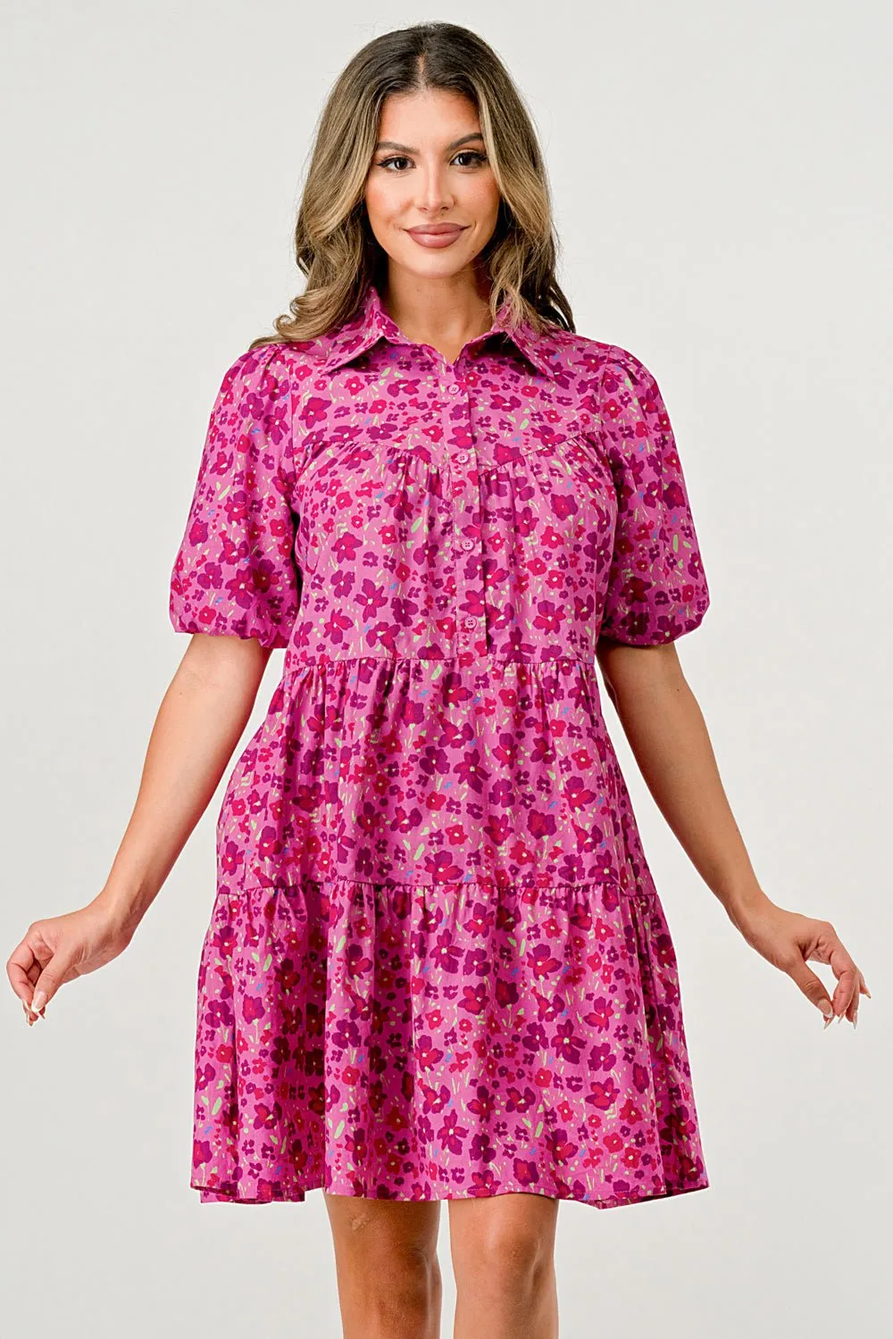 Ballon sleeve collar and button front A-Line midi dress with poplin floral sold by Dress Barn