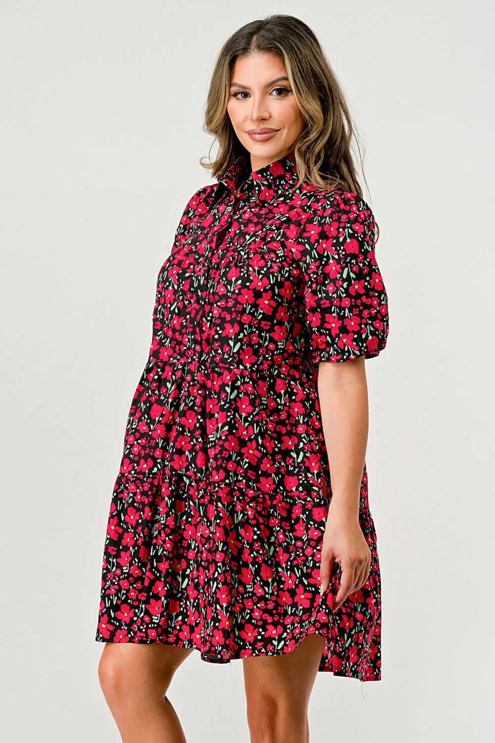Ballon sleeve collar and button front A-Line midi dress with poplin floral sold by Dress Barn product image thumbnail 3