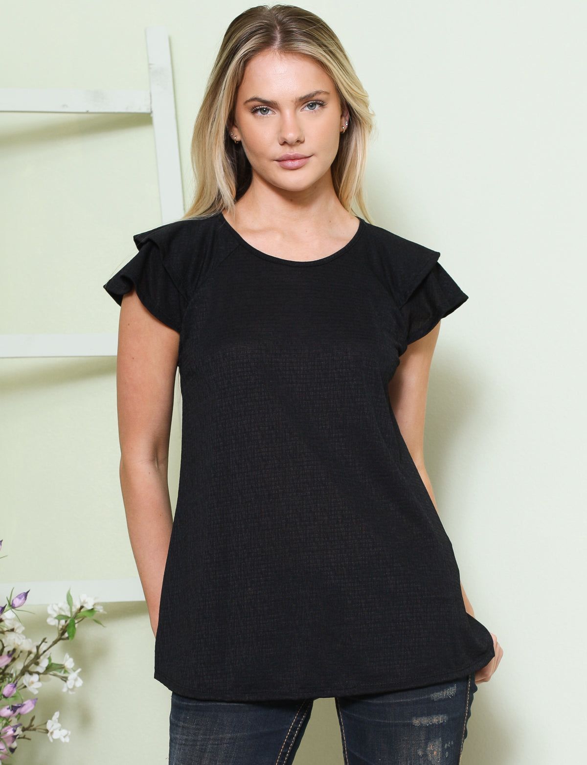 Ruffled Short Sleeve Textured Top sold by Dress Barn