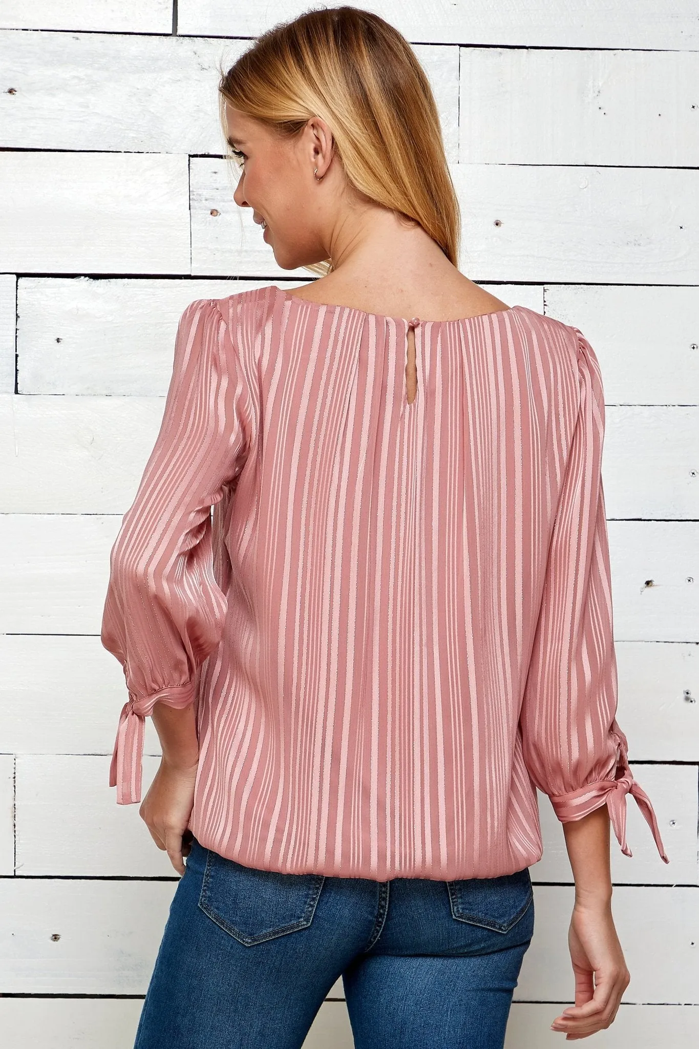 Roz & Ali 3/4 Tie Sleeve Pink Stripe Bubble Blouse sold by Dress Barn product image thumbnail 2