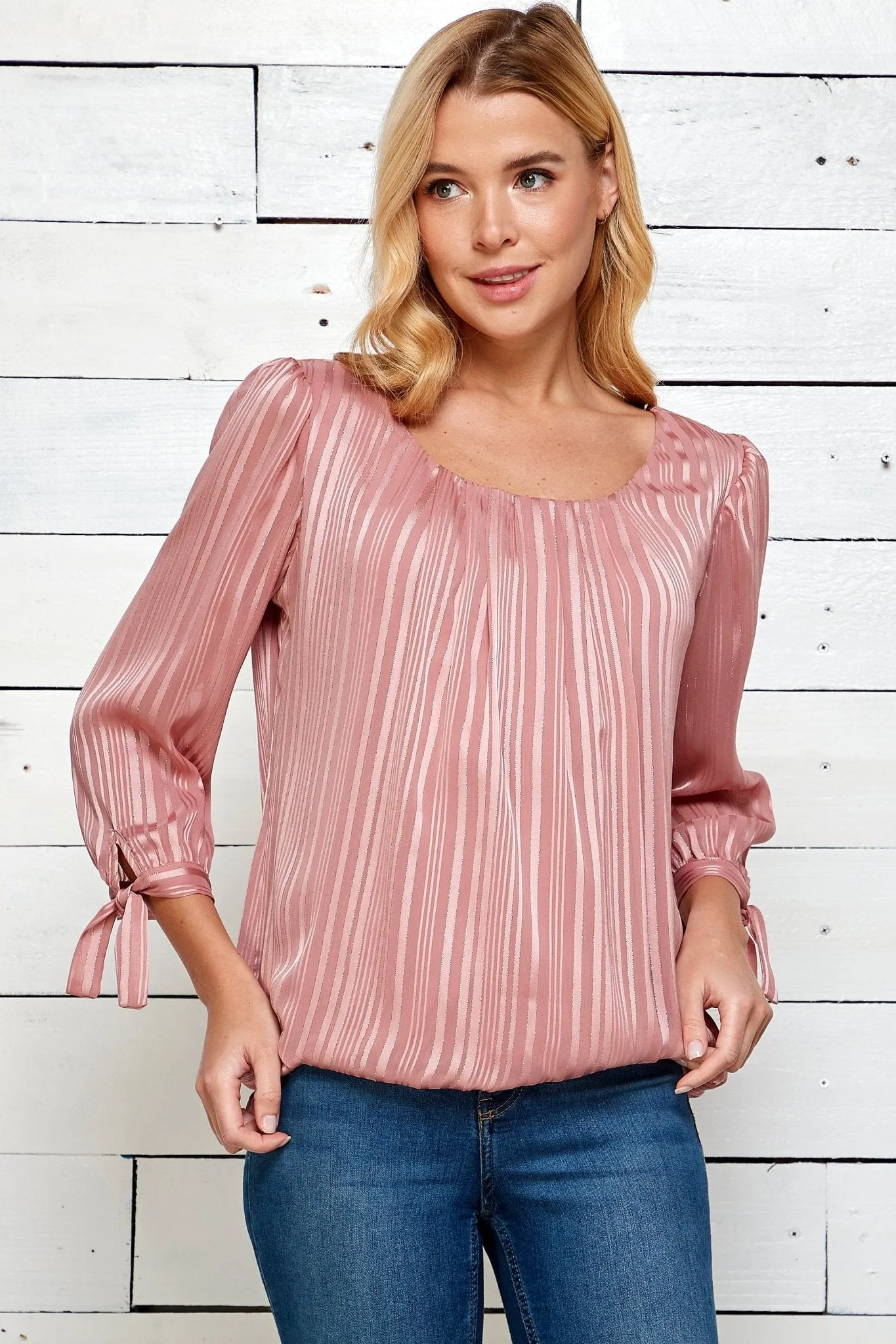 Roz & Ali 3/4 Tie Sleeve Pink Stripe Bubble Blouse sold by Dress Barn