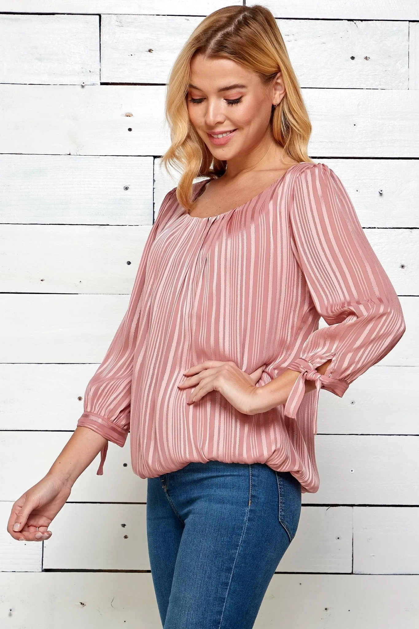 Roz & Ali 3/4 Tie Sleeve Pink Stripe Bubble Blouse sold by Dress Barn product image thumbnail 4