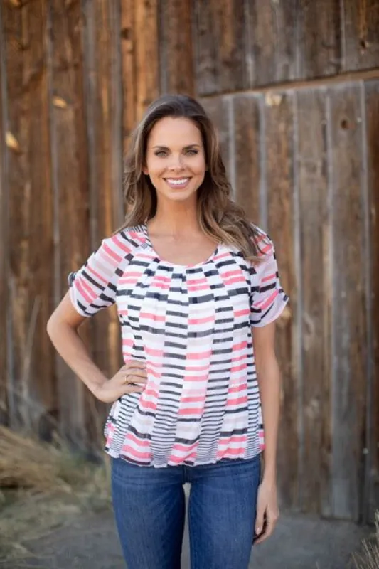 Coral Mixed Stripe Bubble Hem Blouse sold by Dress Barn