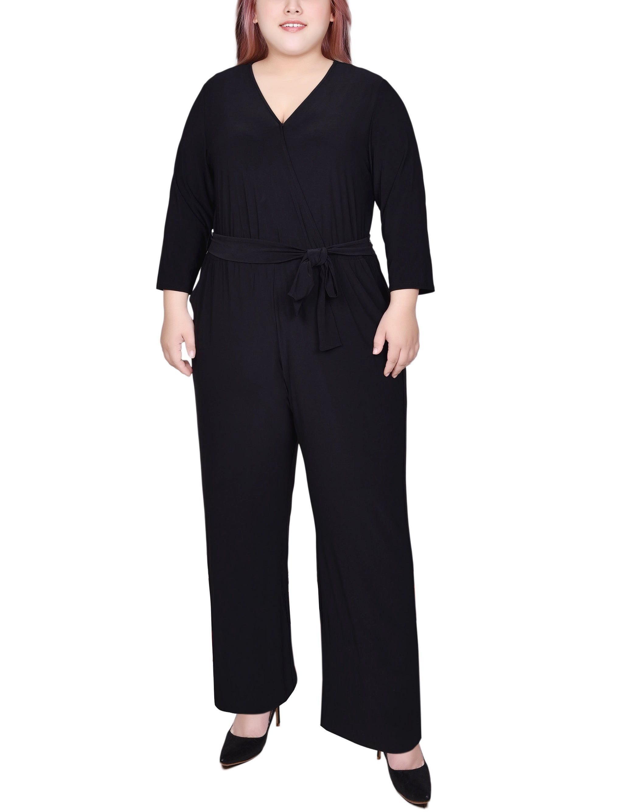 NY Collection 3/4 Sleeve Belted Jumpsuit - Plus sold by Dress Barn