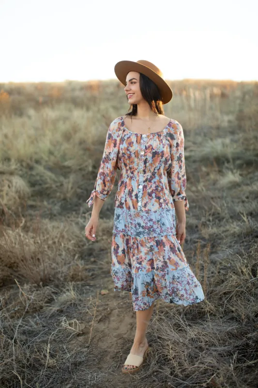 Alexa Blue Bouquet Midi Peasant Dress sold by Dress Barn