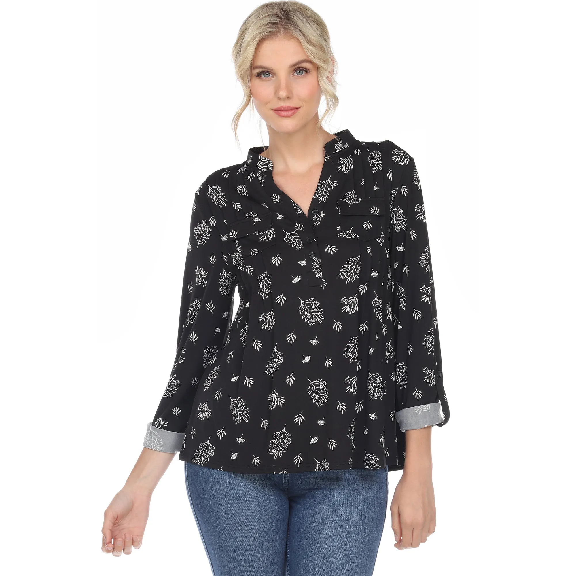 Pleated Long Sleeve Leaf Print Blouse sold by Dress Barn product image thumbnail 2