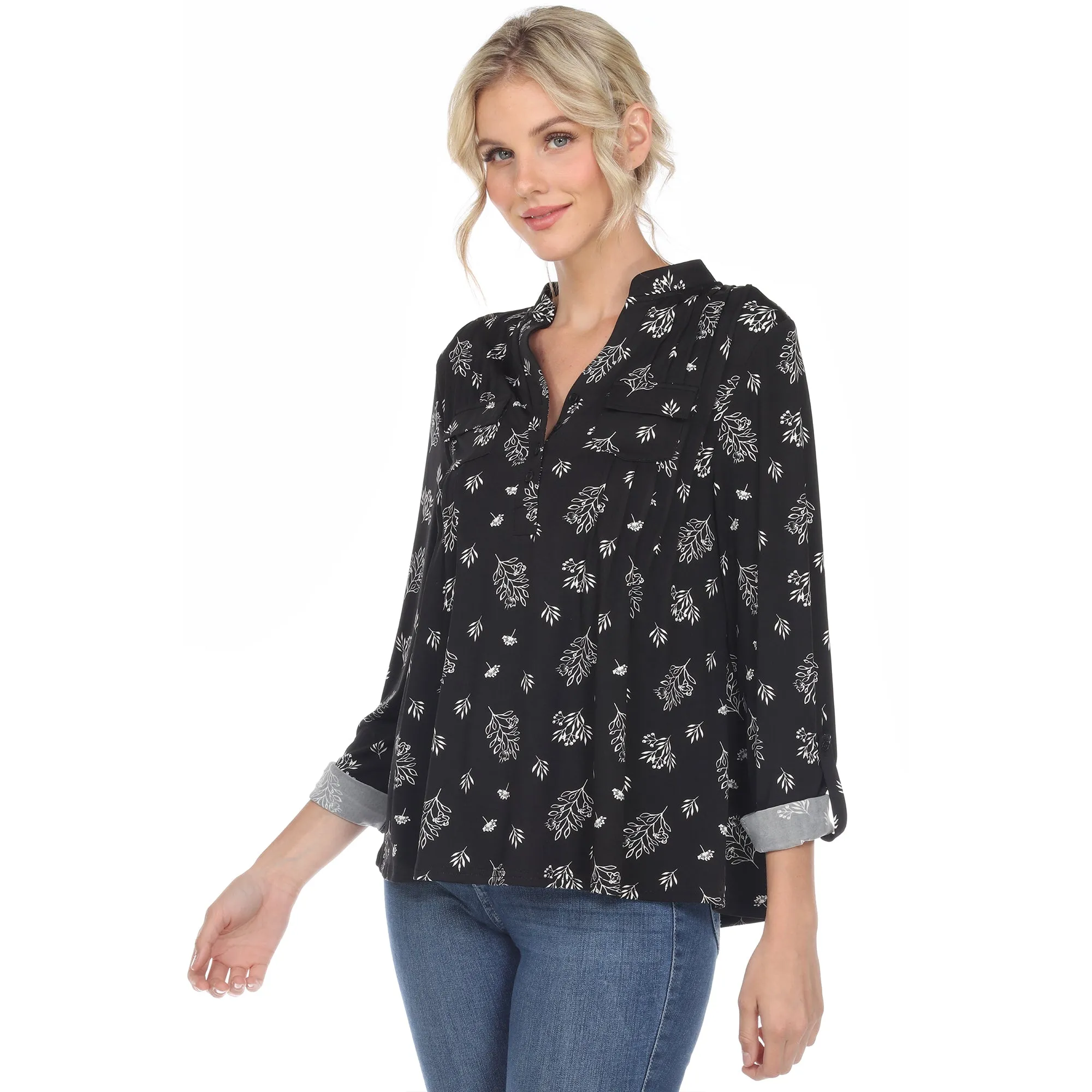 Pleated Long Sleeve Leaf Print Blouse sold by Dress Barn product image thumbnail 3