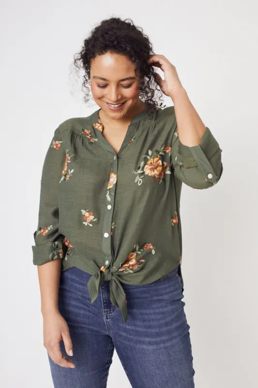 Olive Embroidered Button Front Woven Blouse- Plus sold by Dress Barn