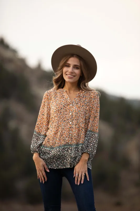 Pintuck Border Print Button Front Blouse sold by Dress Barn