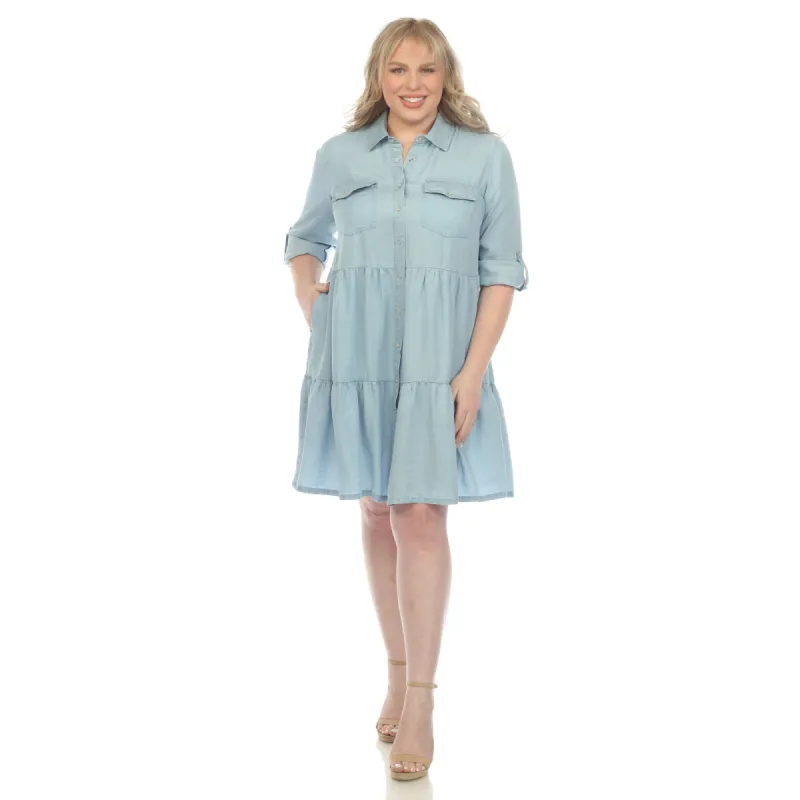 Long Sleeve Tiered Midi Shirt Dress - Plus sold by Dress Barn