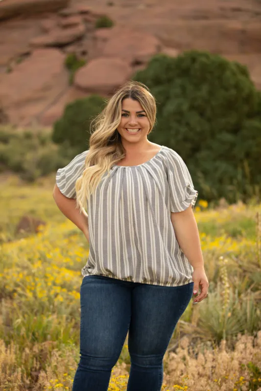 Roz & Ali Neutral Stripe Bubble Hem Blouse - Plus sold by Dress Barn