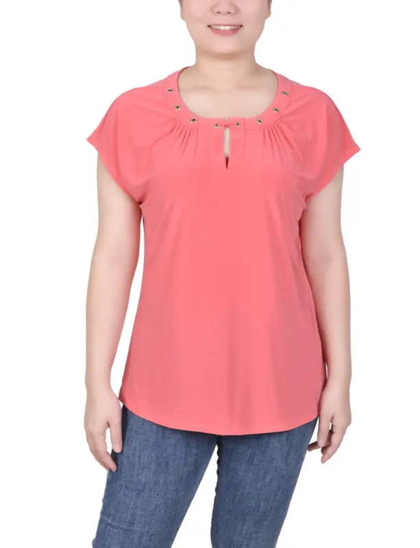Short Extended-Sleeve Grommet Neck Knit Top - Petite sold by Dress Barn