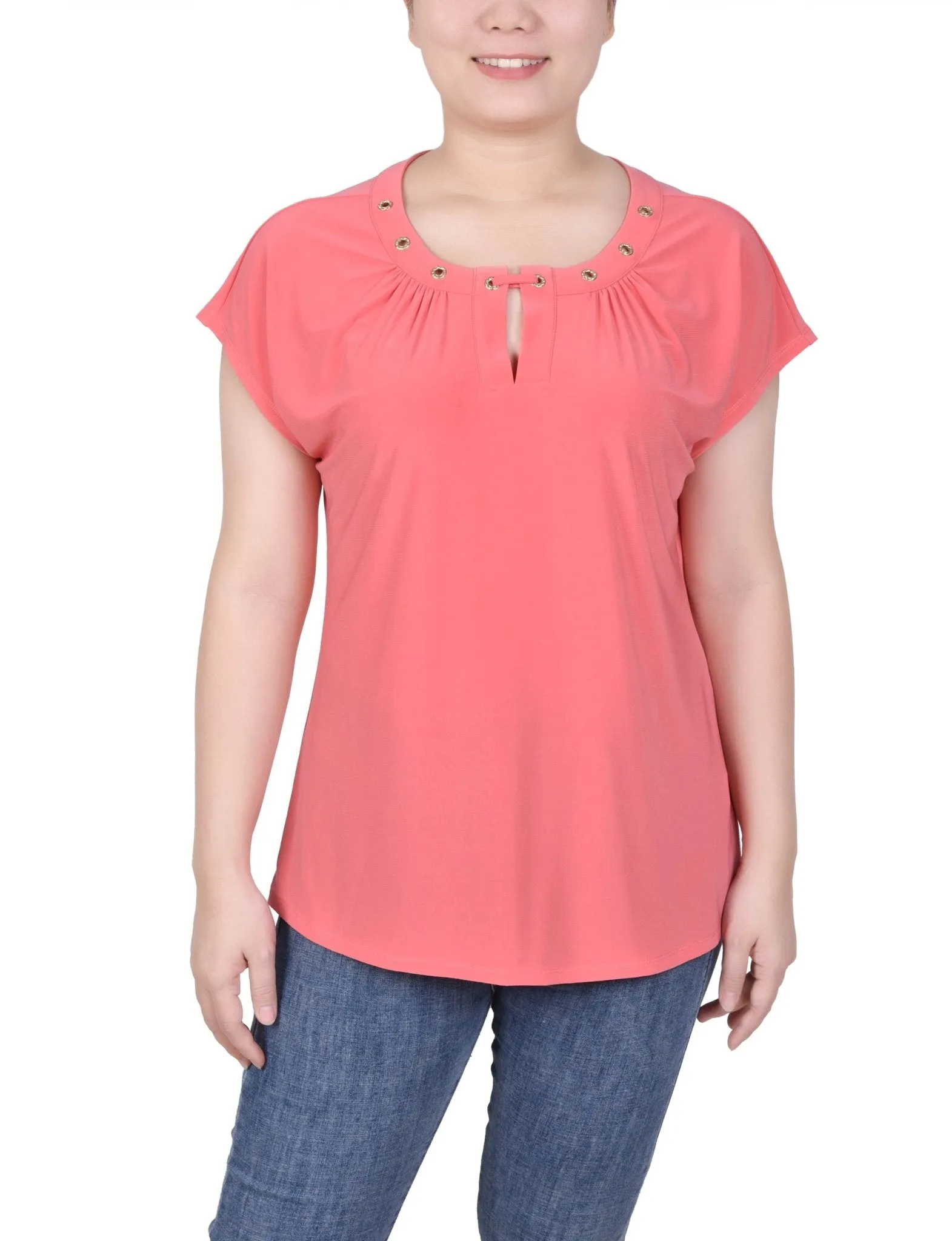 Short Extended-Sleeve Grommet Neck Knit Top - Petite sold by Dress Barn