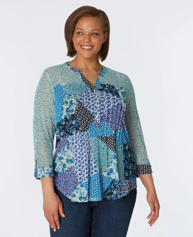 Roz & Ali Blue Mesh Patchwork Popover - Plus sold by Dress Barn