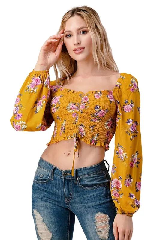 Crop top smock ruched top in ditsy jacquard sold by Dress Barn