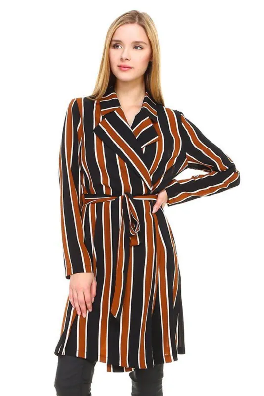 Trench coat multi stripe long line belted jacket sold by Dress Barn