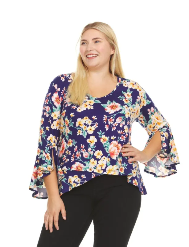Printed V-Neck Top With Flutter Sleeves And An Overlaping Hem - Plus sold by Dress Barn