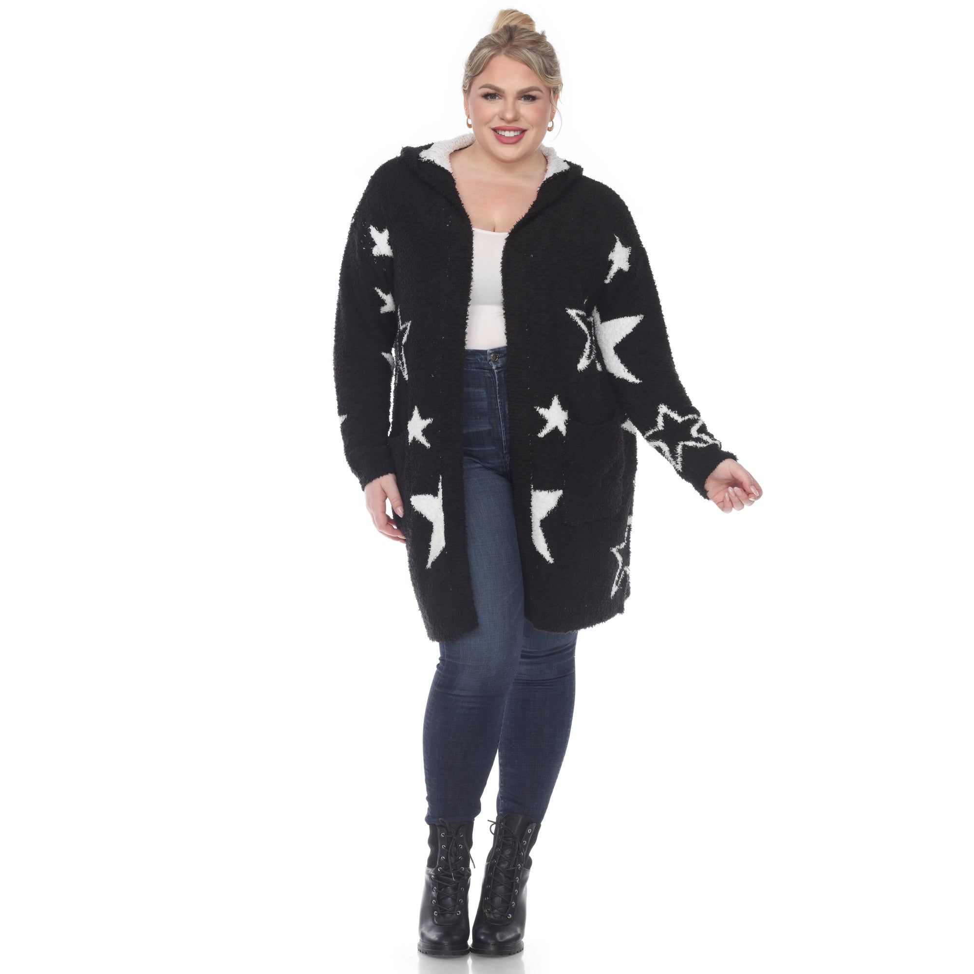 Hooded Open Front Sherpa Coat - Plus sold by Dress Barn