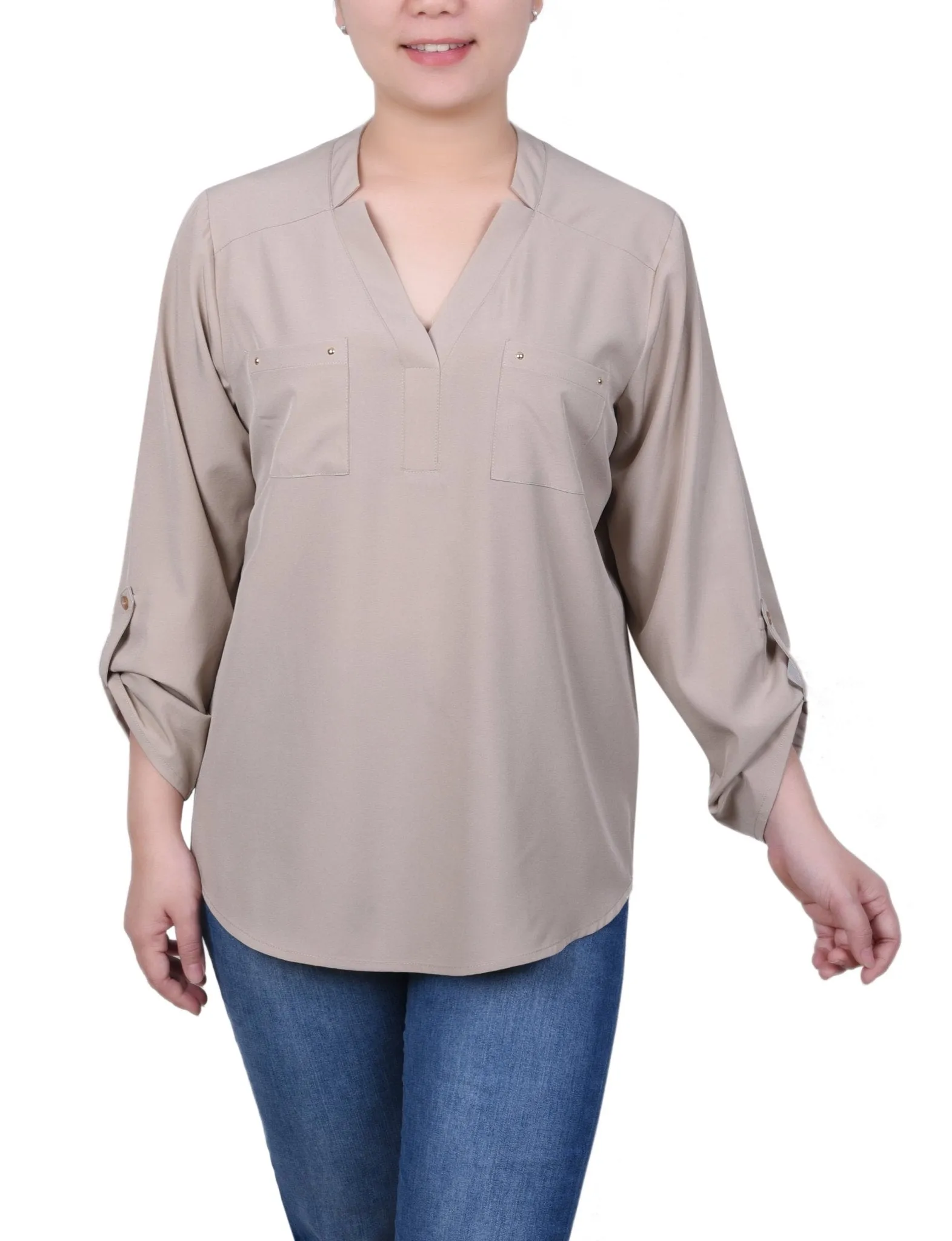 Roll Tab Sleeve Blouse with Pockets - Petite sold by Dress Barn