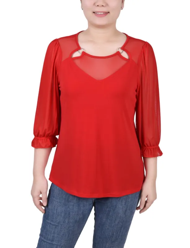3/4 Length Sleeve Ringed Top With Mesh - Petite sold by Dress Barn