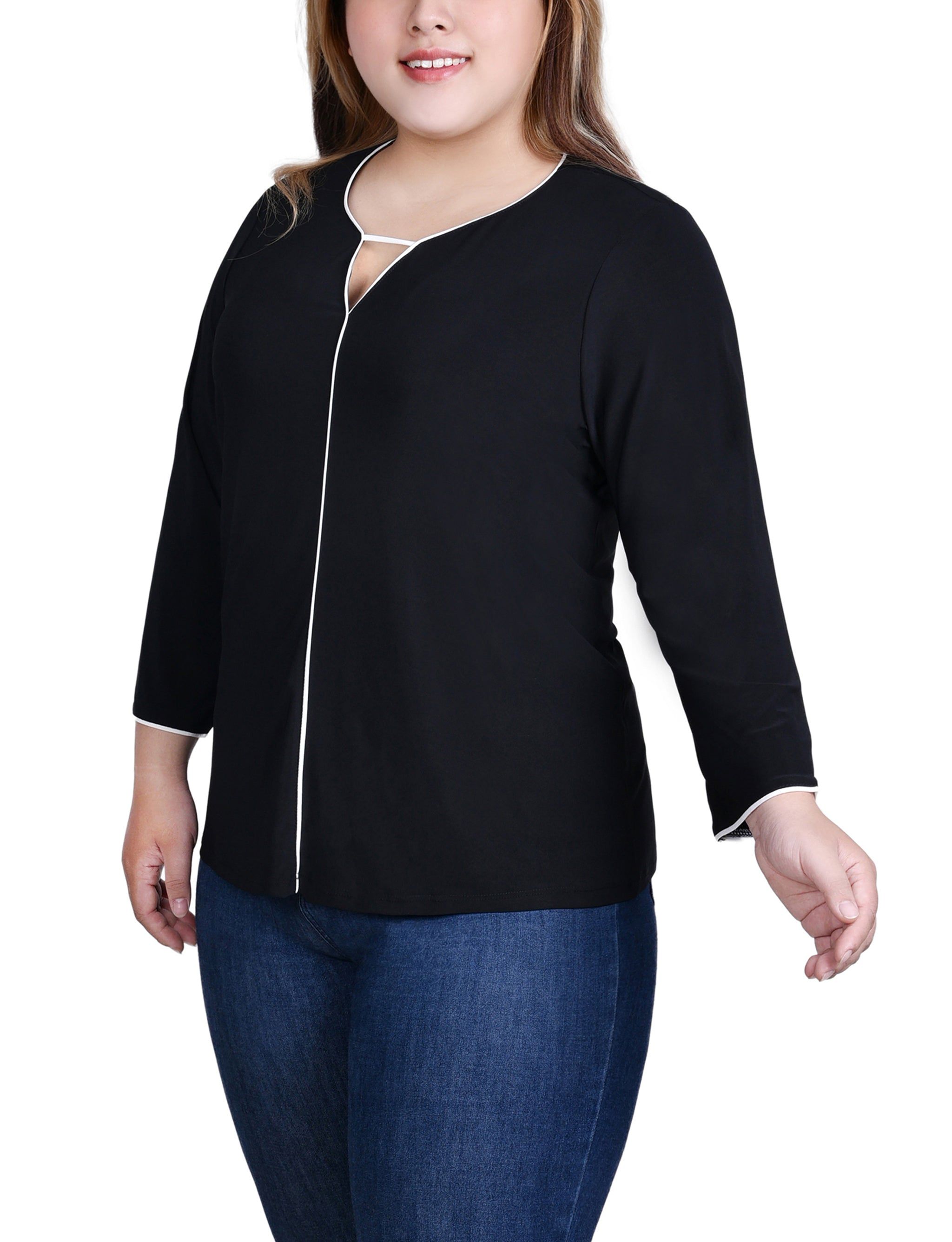 NY Collection 3/4 Sleeve Piped Top - Plus sold by Dress Barn product image thumbnail 2