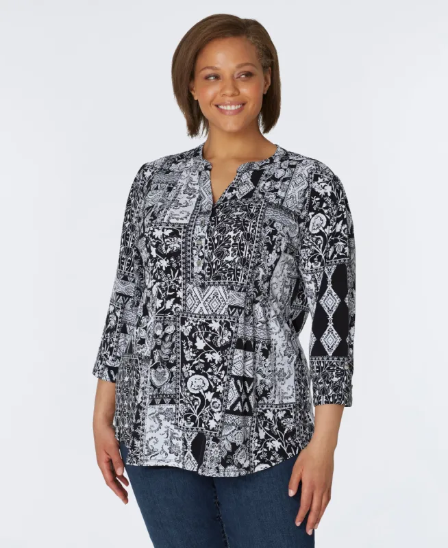 Roz & Ali Black & White Patchwork Popover - Plus sold by Dress Barn
