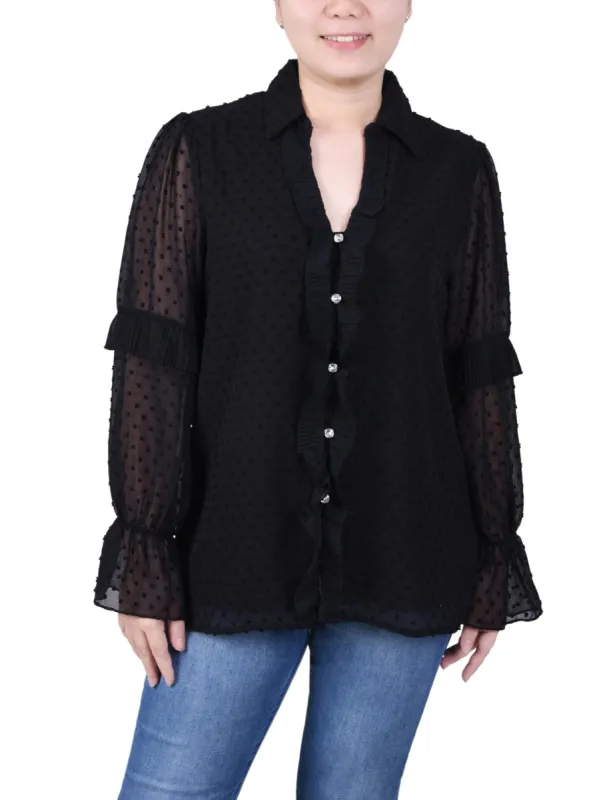 Long Sleeve Dotted Chiffon Blouse - Petite sold by Dress Barn