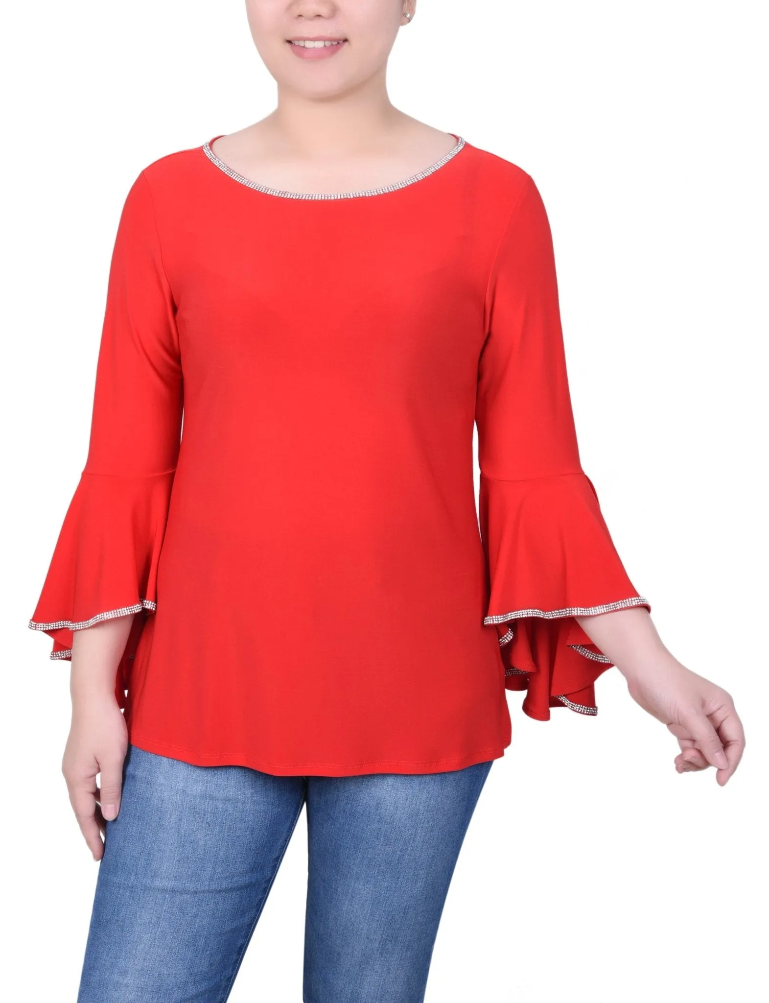 Long Bell Sleeve Tunic Top With Stone Details - Petite sold by Dress Barn