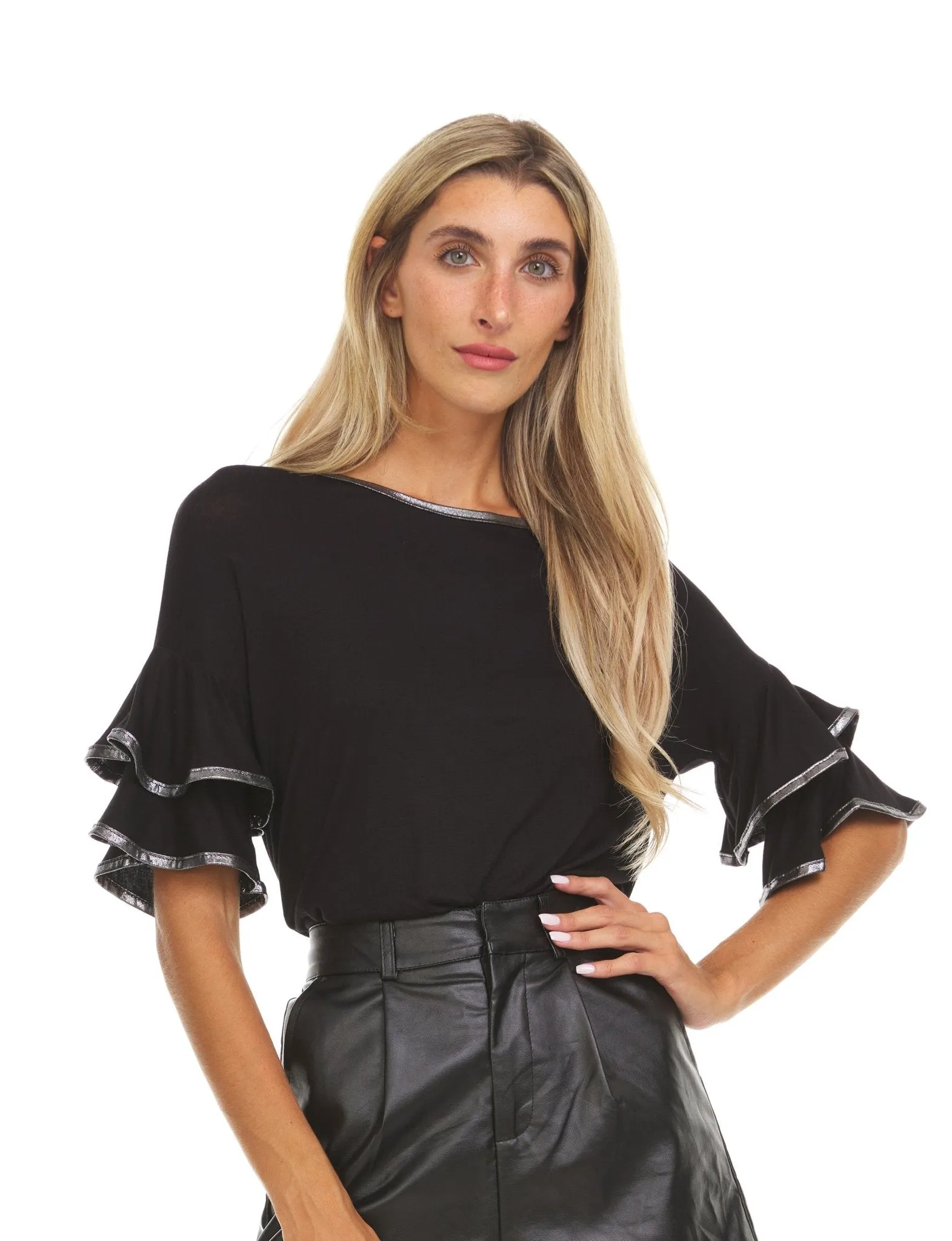 Womens Multi Ruffle Sleeve Top With Contrast Color Trim On Ruffles & Neckline sold by Dress Barn product image thumbnail 2