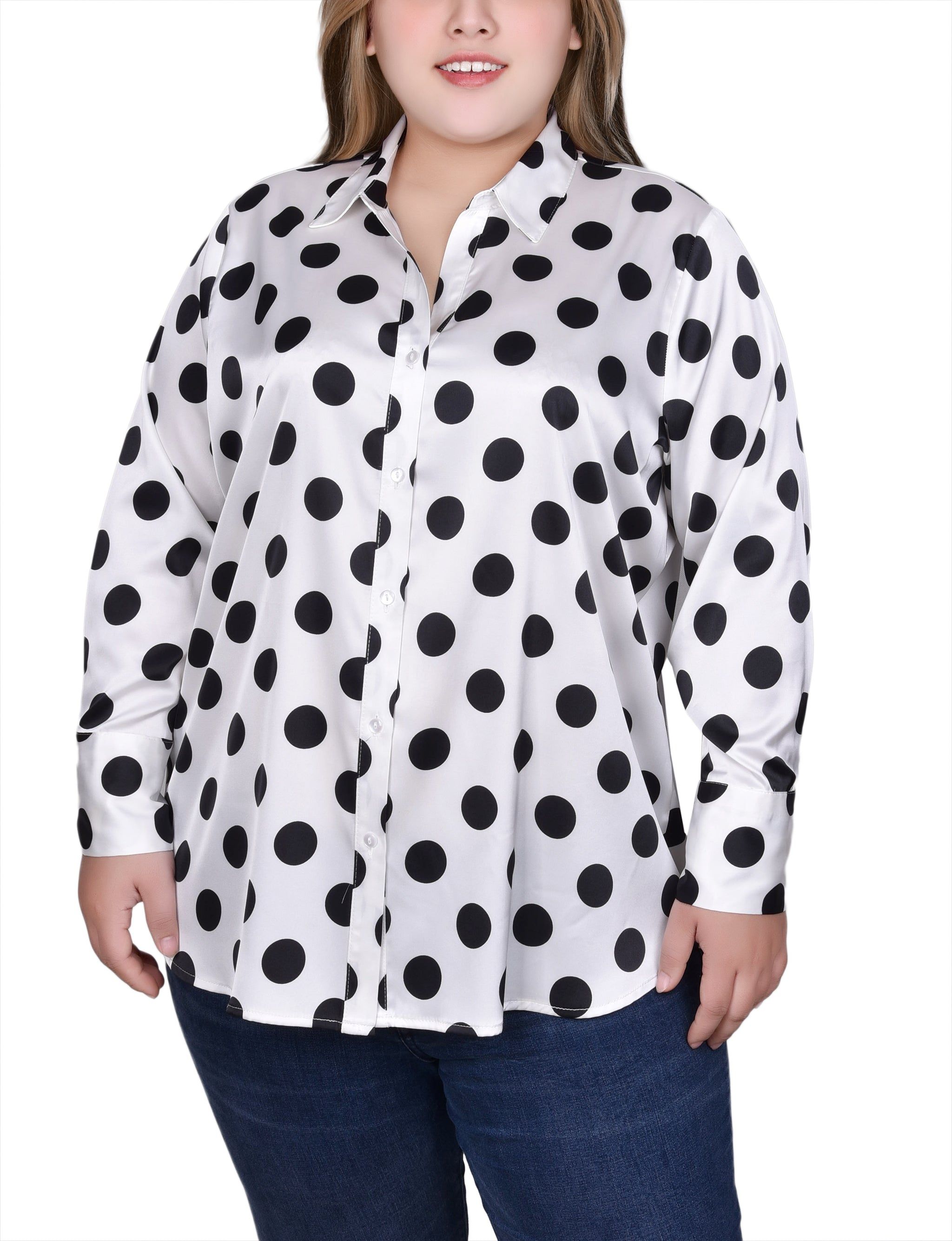 NY Collection Long Sleeve Dotted Satin Blouse - Plus sold by Dress Barn