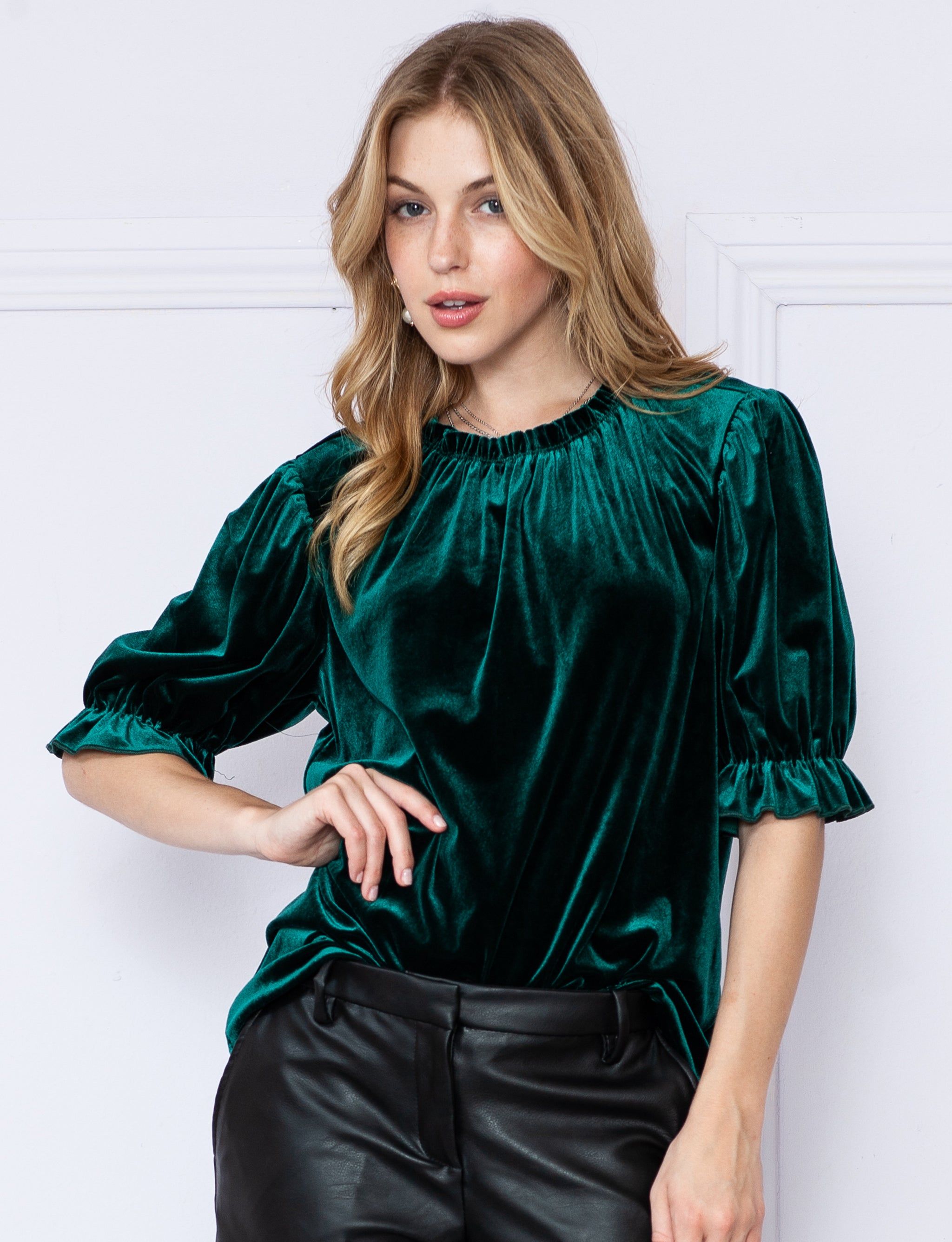 Velvet Ruched Neck Short Sleeve Top sold by Dress Barn