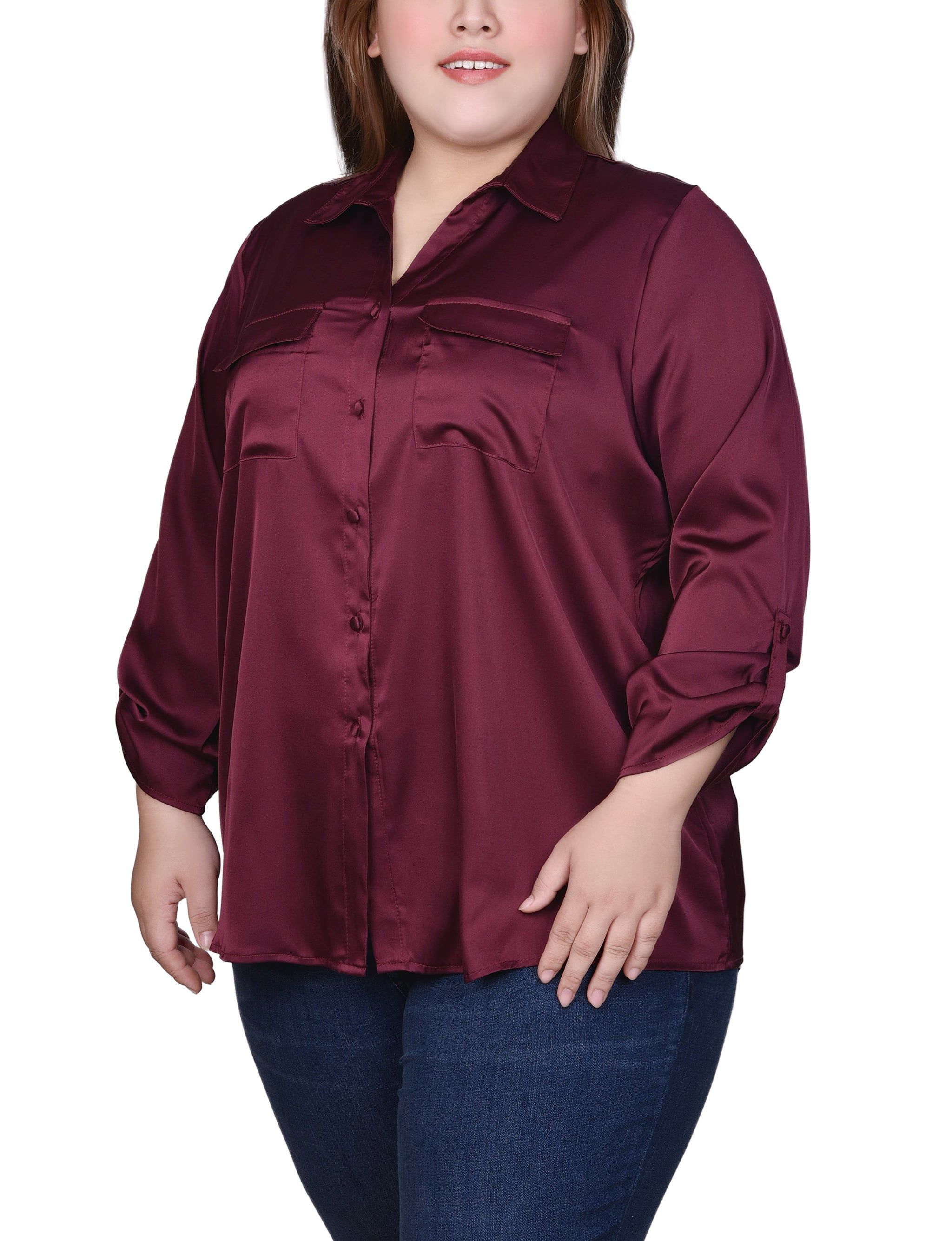 NY Collection 3/4 Sleeve Roll Tab Satin Blouse - Plus sold by Dress Barn product image thumbnail 2