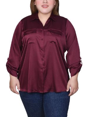 NY Collection 3/4 Sleeve Roll Tab Satin Blouse - Plus sold by Dress Barn