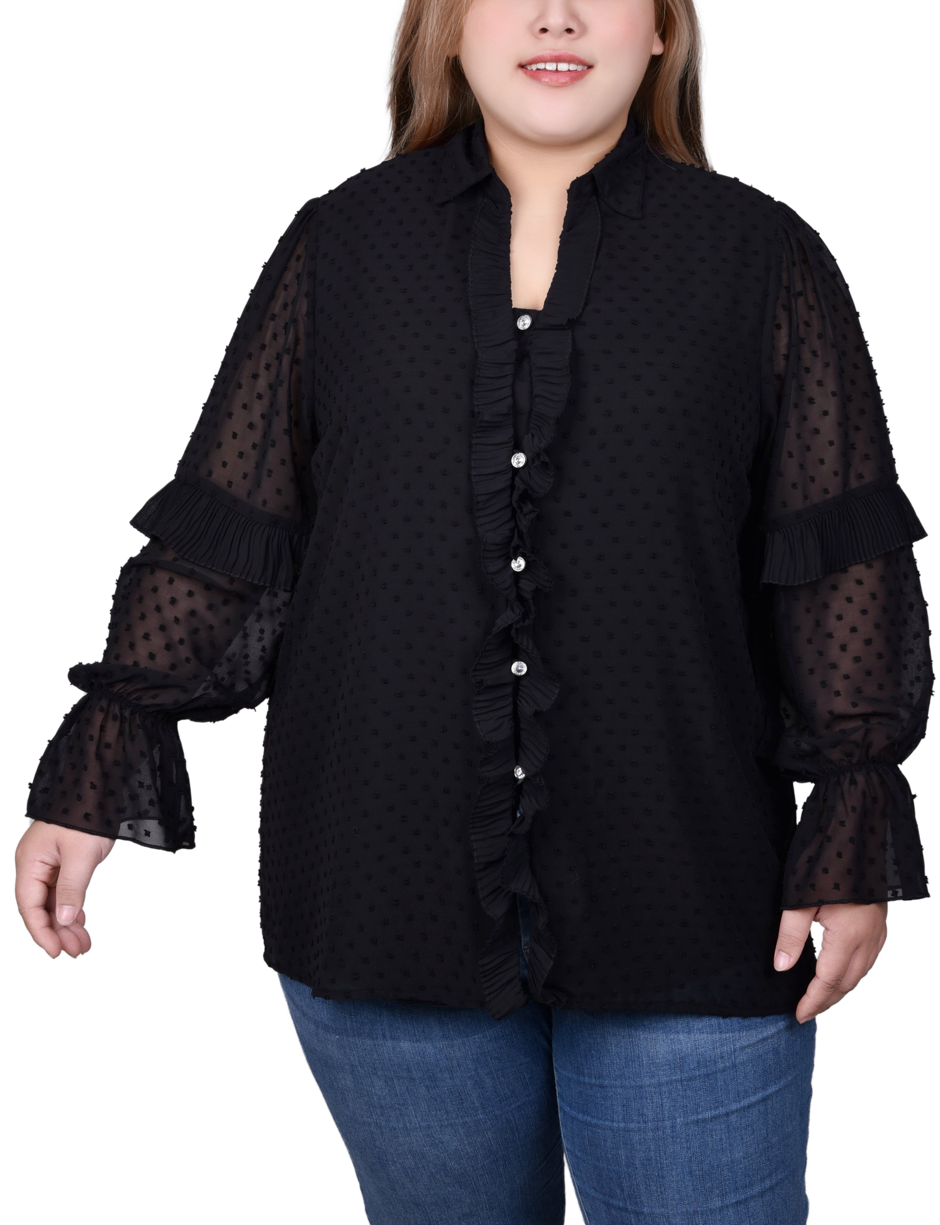 NY Collection Long Sleeve Dotted Chiffon Blouse - Plus sold by Dress Barn